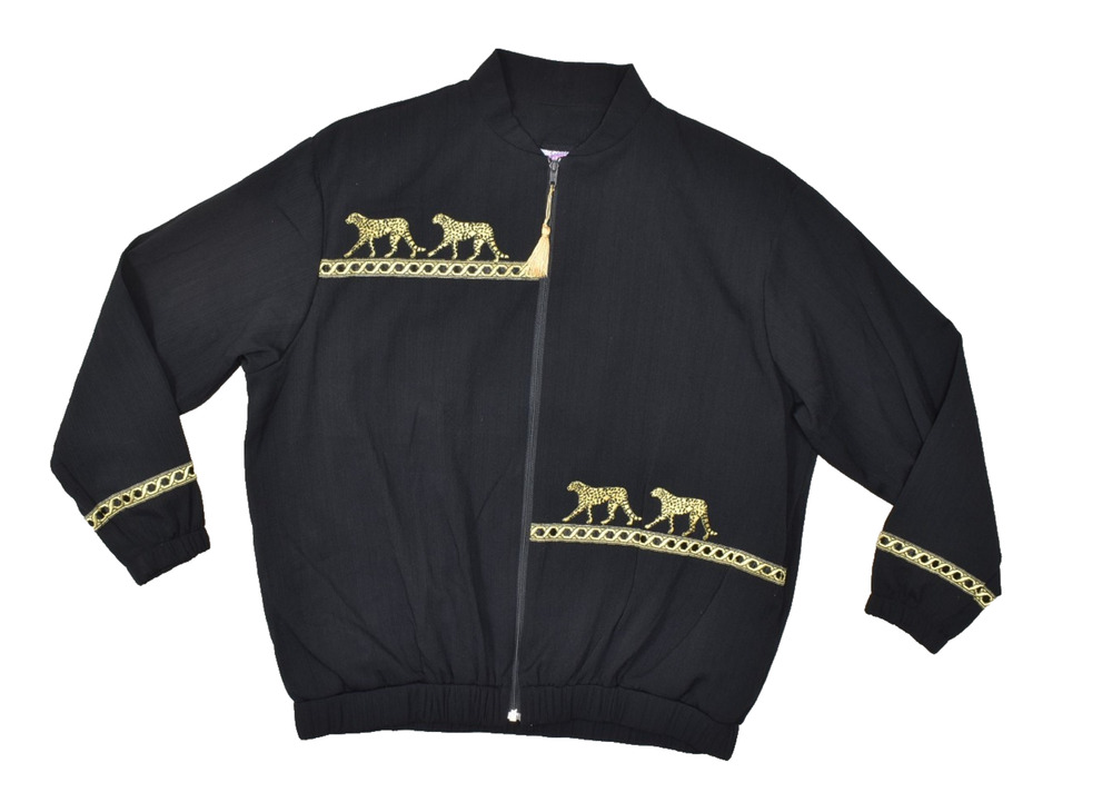 Southern Stitches and More Black Gold Embroidered Cheetah Bomber Jacket XL